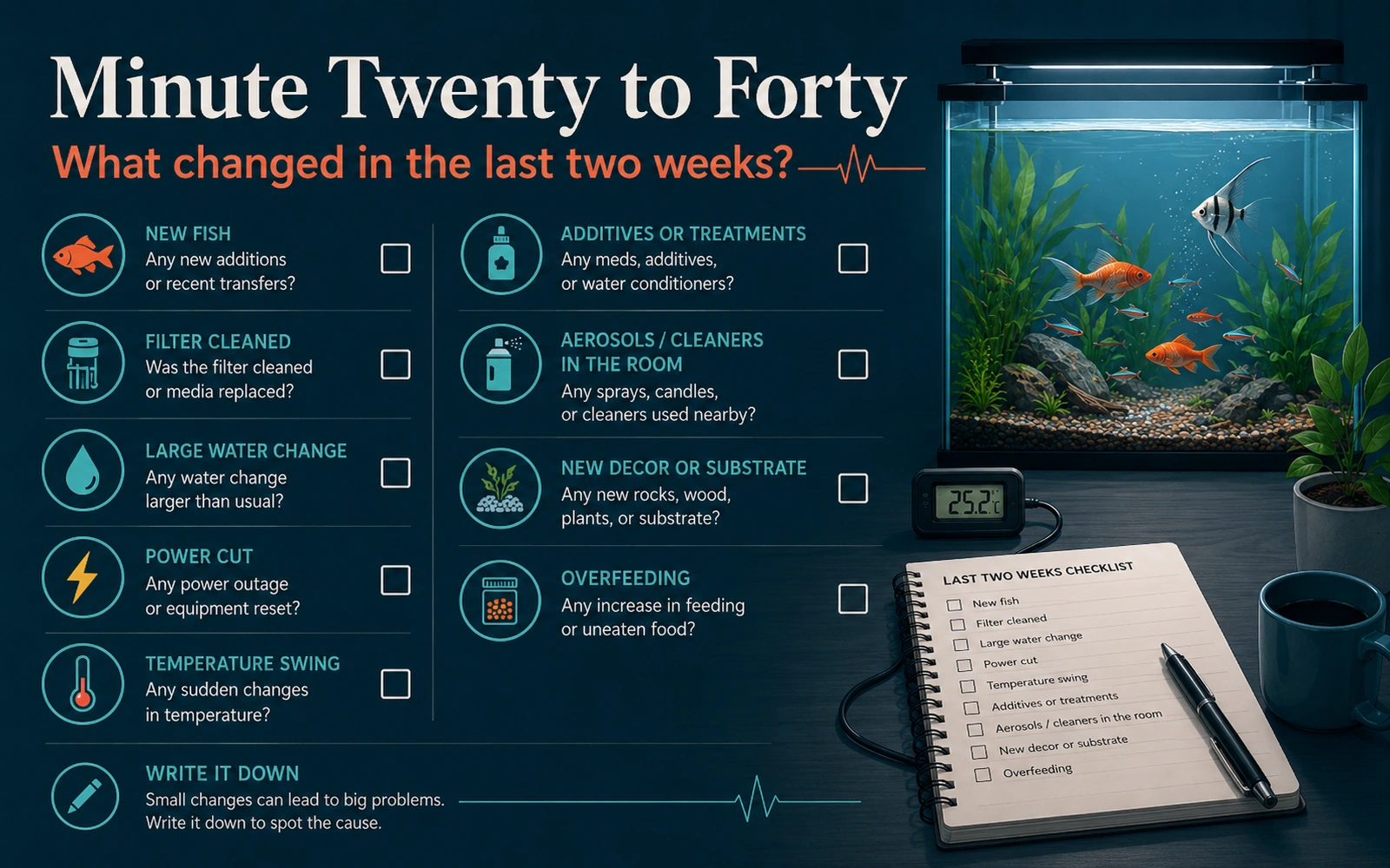 Infographic checklist of recent changes to review after a fish dies, including new fish, filter cleaning, water changes, power cuts, temperature swings, additives, room sprays, new decor, and overfeeding.