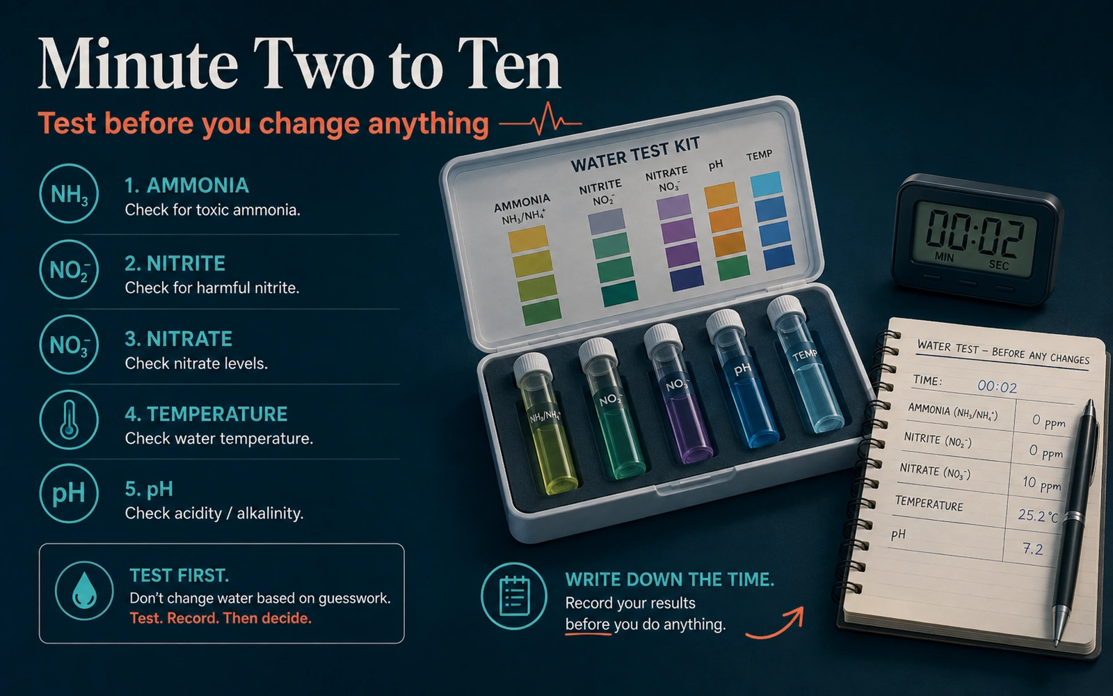 Infographic showing minute two to ten: test ammonia, nitrite, nitrate, temperature, and pH before changing anything.