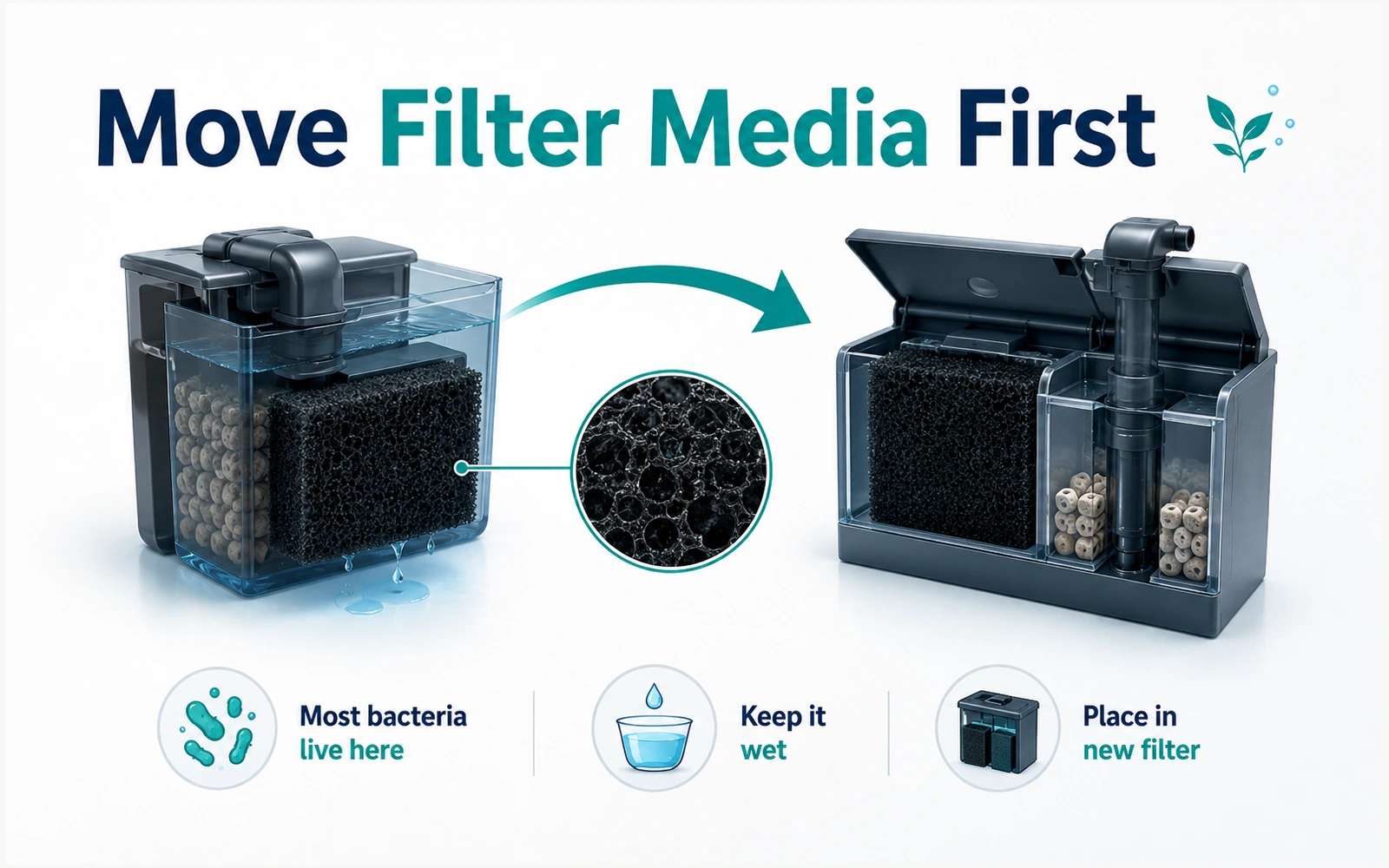 Wet biological filter sponge being transferred from an established aquarium filter into a new filter