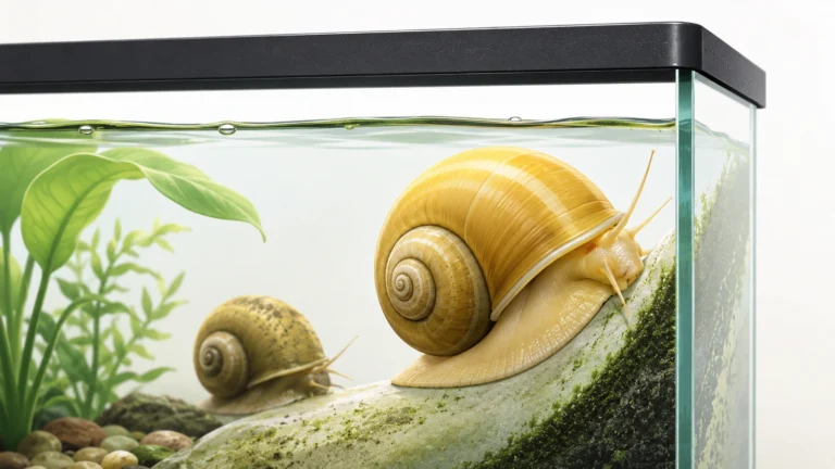 Featured minimalist aquarium image showing a golden mystery snail in a planted freshwater aquarium.