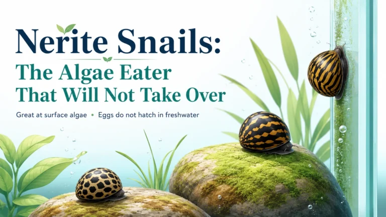 Featured minimalist aquarium infographic showing nerite snails grazing algae in a freshwater aquarium and explaining that their eggs do not hatch in freshwater.