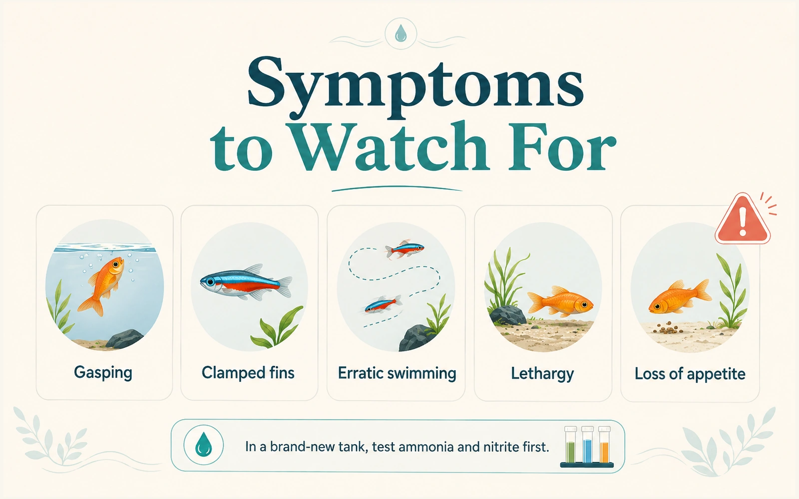 Illustrated aquarium fish showing gasping, clamped fins, erratic swimming, lethargy, and loss of appetite