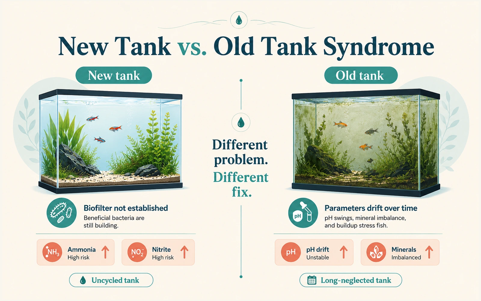 Side-by-side comparison of an uncycled new aquarium with high ammonia and nitrite and a neglected old aquarium with drifting chemistry