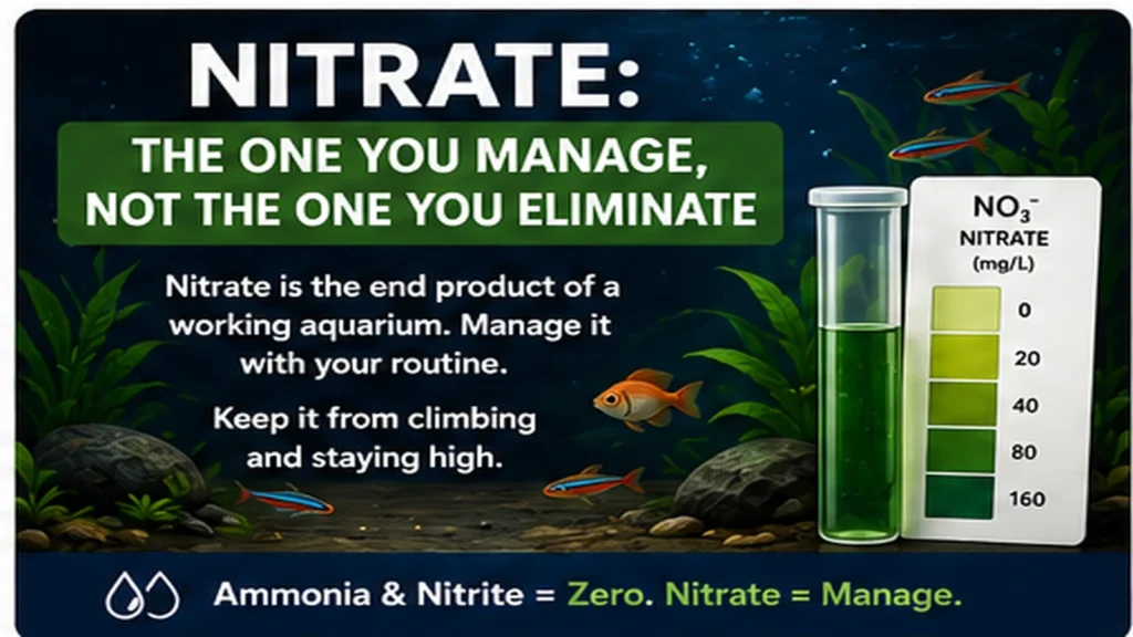 Freshwater aquarium nitrate test showing nitrate as a long-term management number rather than an emergency zero target