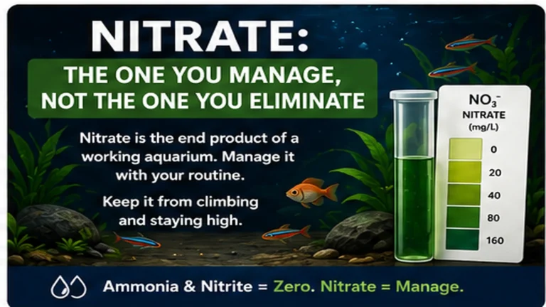Freshwater aquarium nitrate test showing nitrate as a long-term management number rather than an emergency zero target