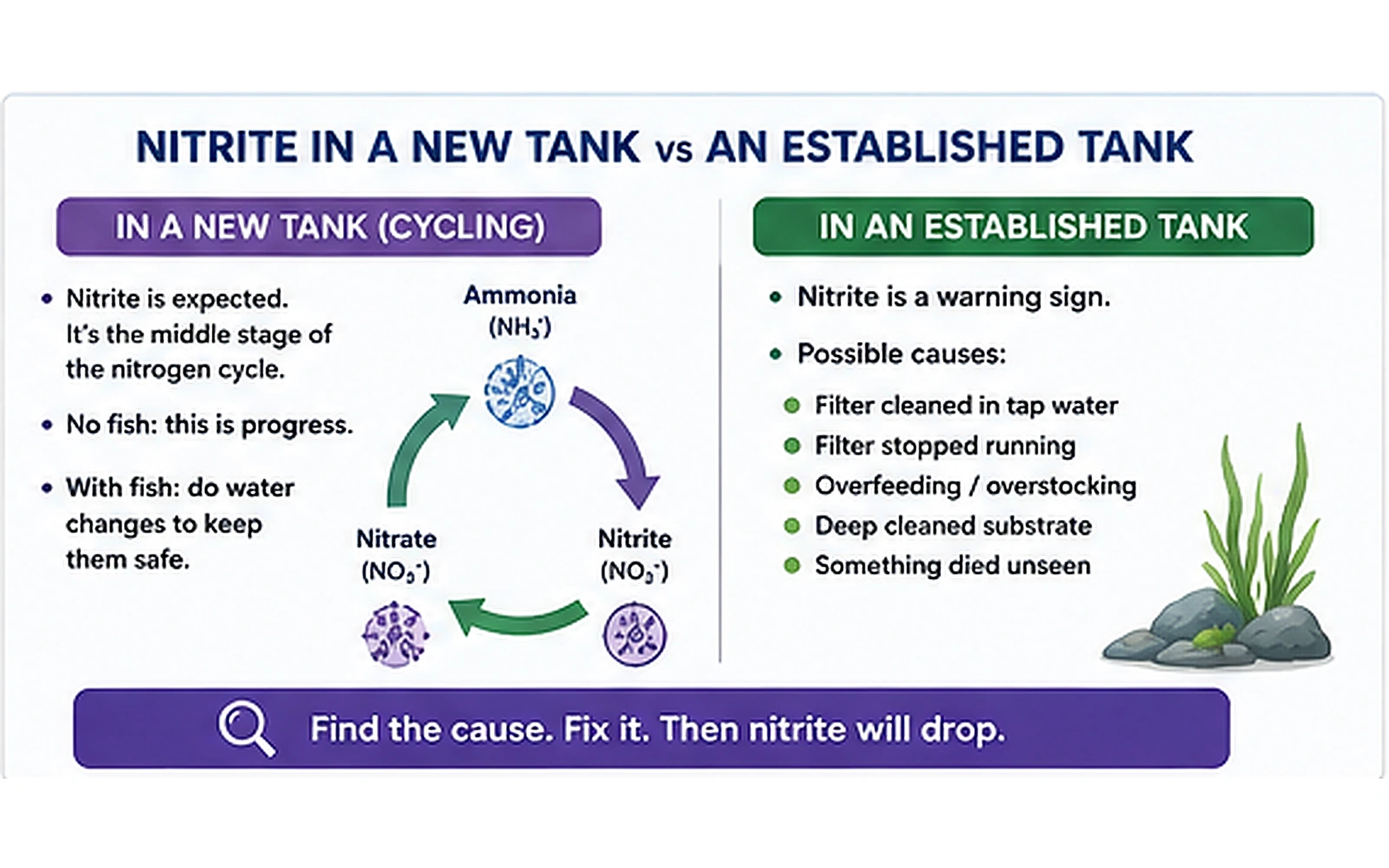Comparison of nitrite in a cycling new aquarium and an established aquarium where nitrite signals a filtration problem