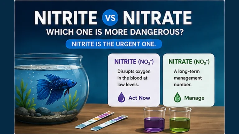 Aquarium nitrite and nitrate comparison showing nitrite as urgent and nitrate as a long-term management reading