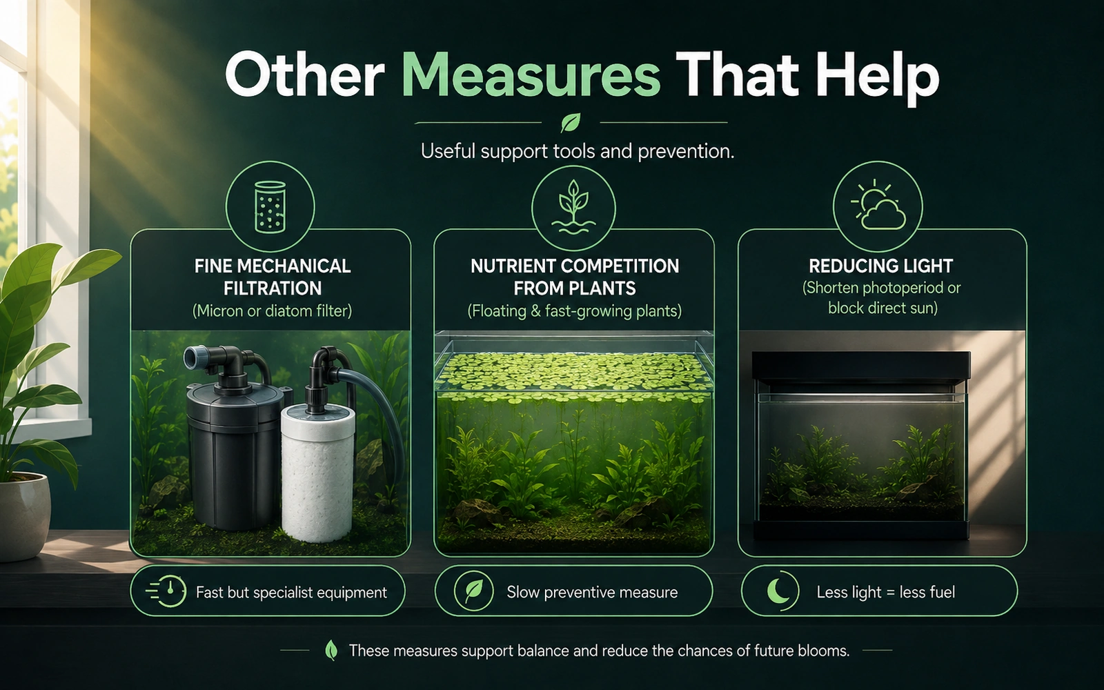 Infographic showing fine mechanical filtration, nutrient competition, and reduced light as supporting measures.