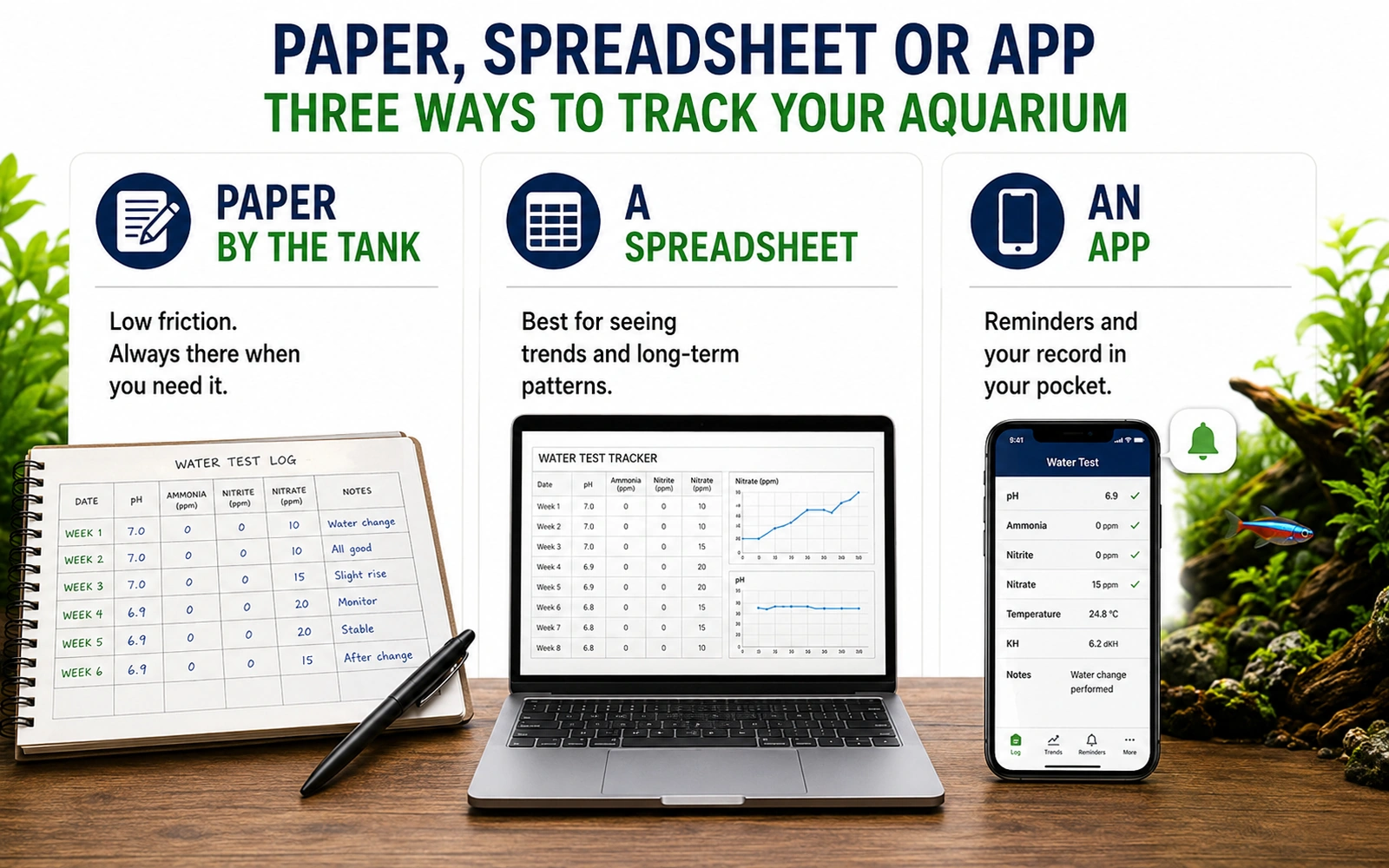 Infographic comparing paper, spreadsheet, and app options for recording aquarium water tests.