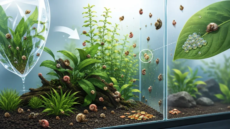 Featured minimalist aquarium infographic showing a pest snail population in a planted tank and the link between hitchhiking snails, eggs and excess food.