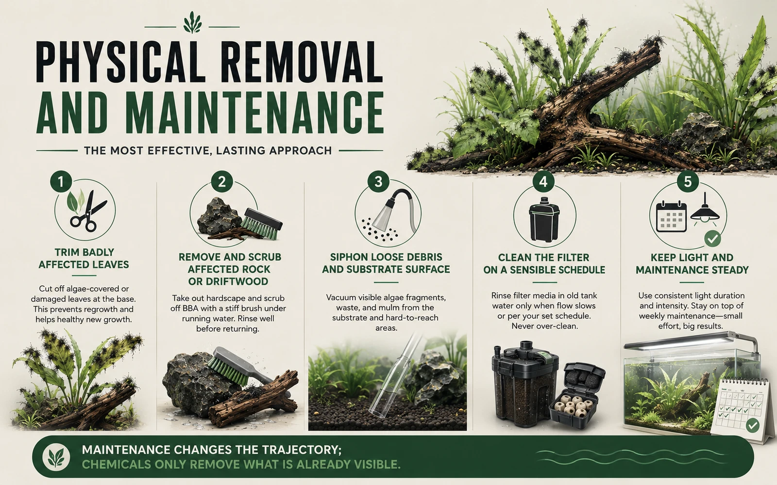 Maintenance infographic showing pruning, hardscape cleaning, and debris removal strategies for black beard algae control.