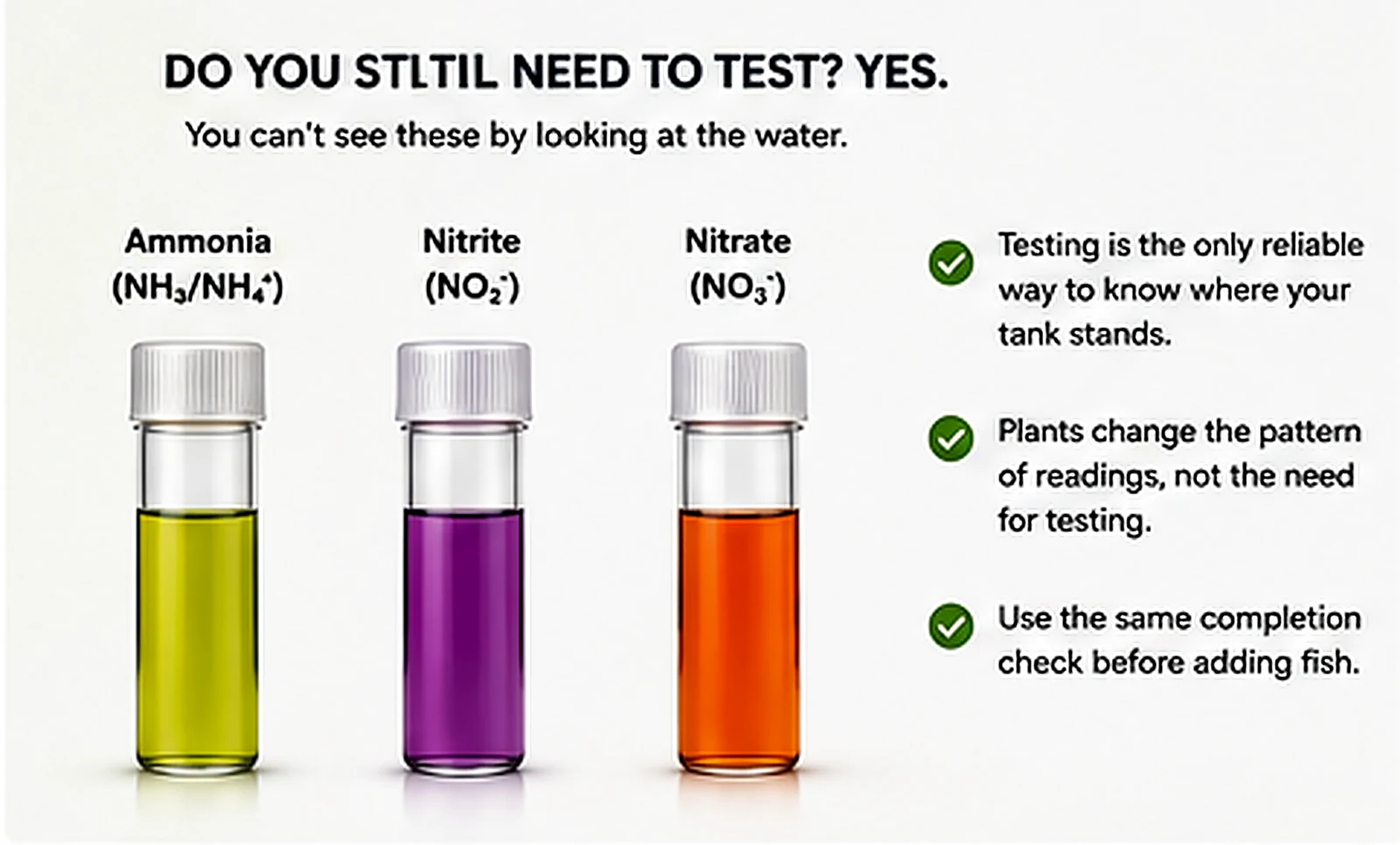 Aquarium test vials for ammonia nitrite and nitrate with reminders to keep testing before adding fish