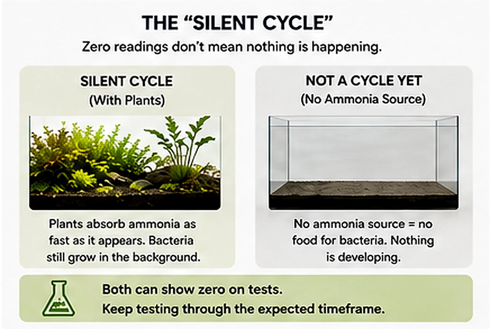 Comparison of a planted silent cycle with an empty aquarium that has no ammonia source