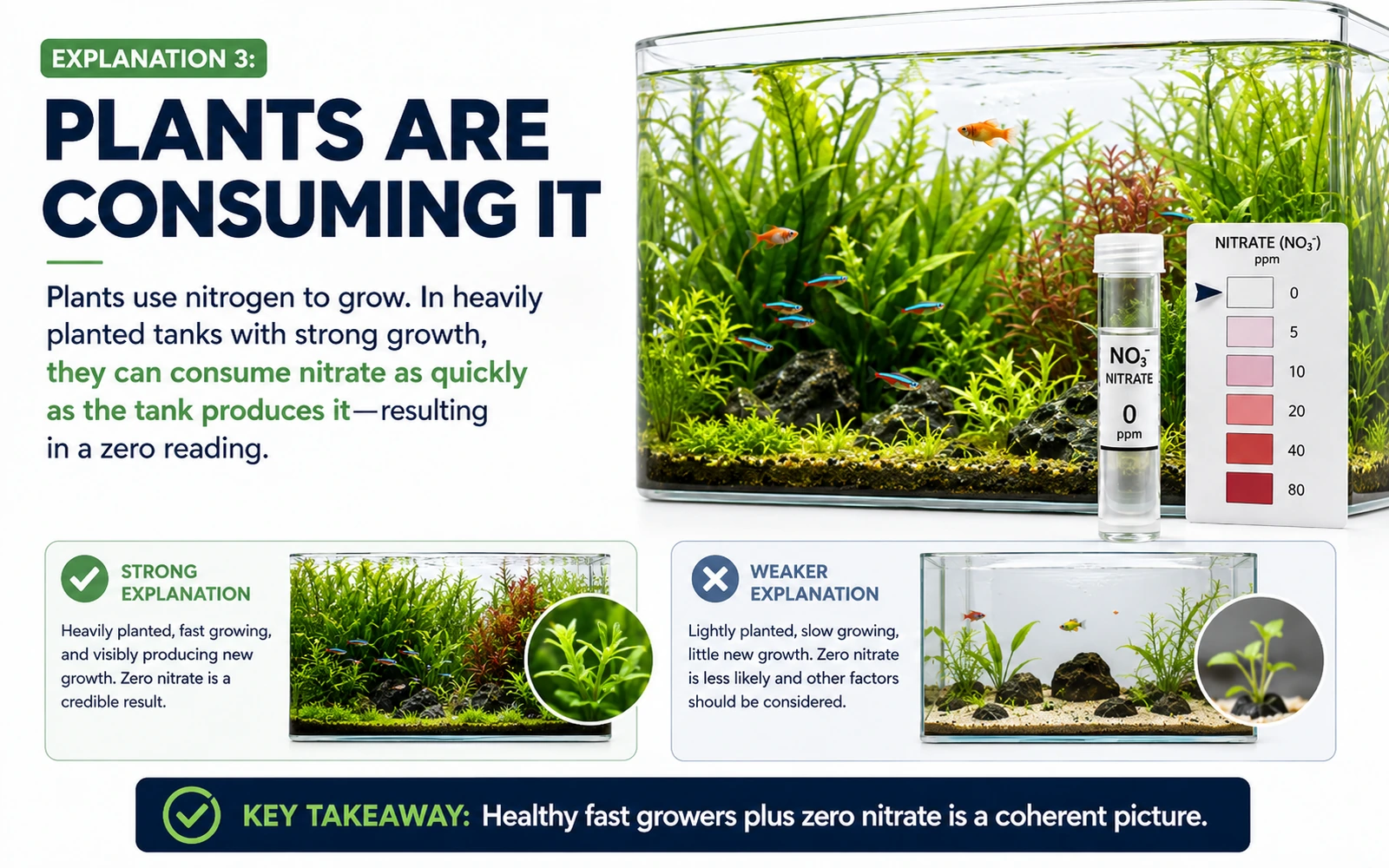 Heavily planted aquarium infographic showing healthy fast-growing plants using nitrate as quickly as the tank produces it