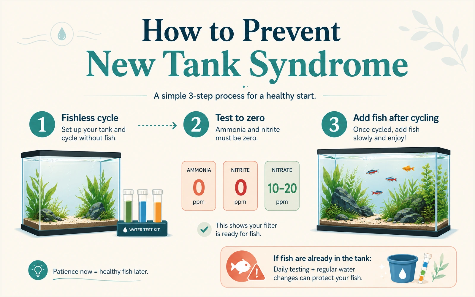Three-step prevention process showing fishless cycling, testing ammonia and nitrite to zero, and adding fish after cycling
