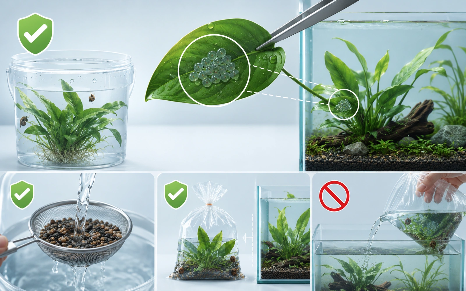 Minimalist plant-quarantine infographic showing inspection, separate quarantine, rinsing and avoiding shop bag water.