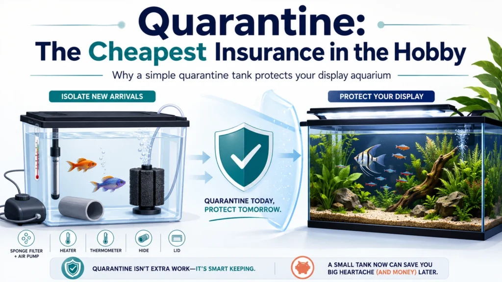 Featured aquarium infographic showing a simple quarantine setup protecting a display aquarium.
