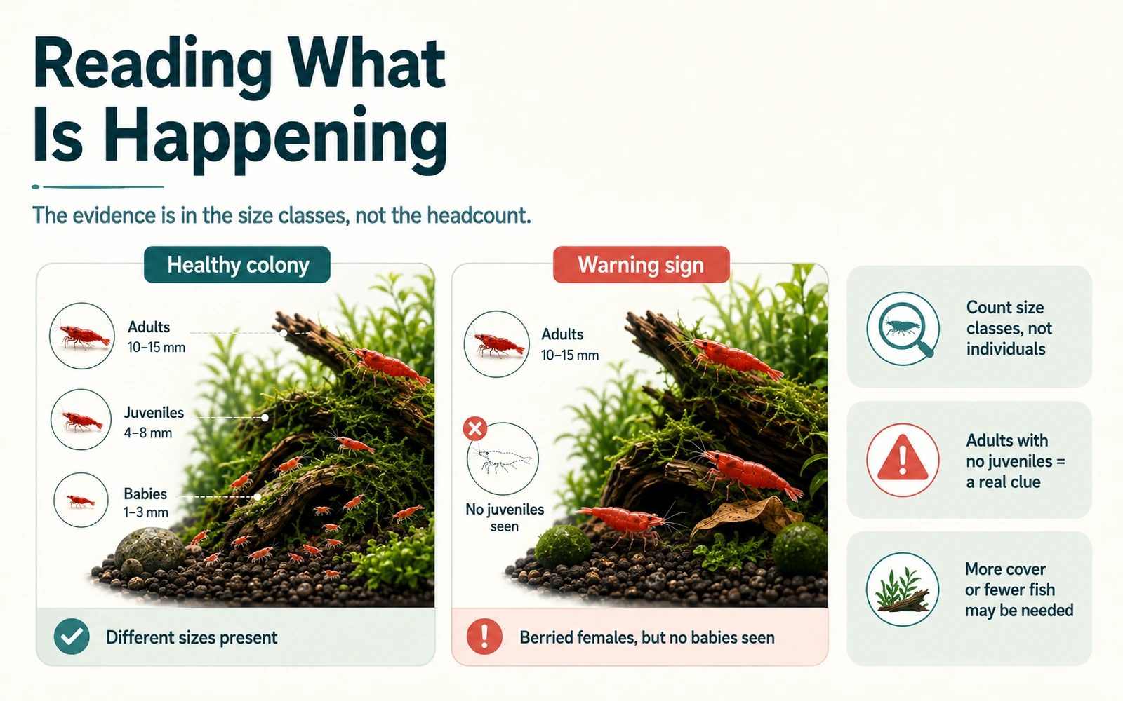 Infographic showing how to read colony health by comparing adults, juveniles and baby shrimp rather than counting only adults.