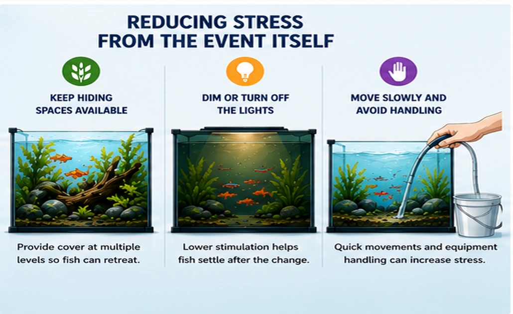 Aquarium hiding spaces, dim lighting, and slow movement shown as ways to reduce fish stress during a water change