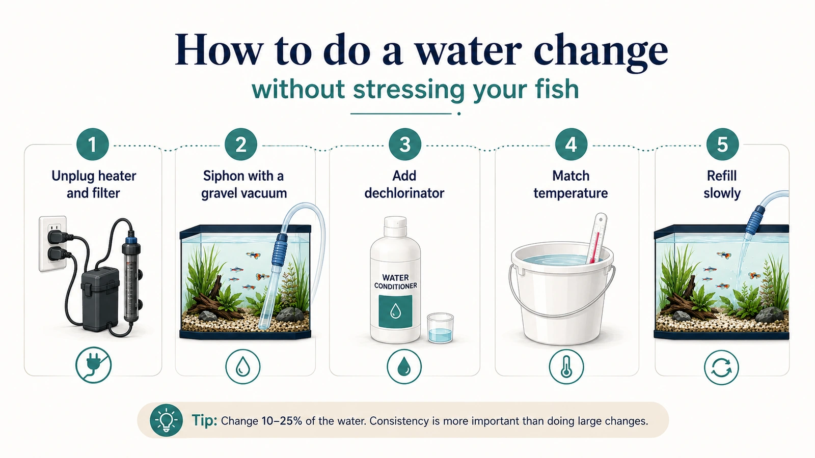 Five-step aquarium water-change process showing unplugging equipment, gravel siphoning, adding dechlorinator, matching temperature, and slow refilling