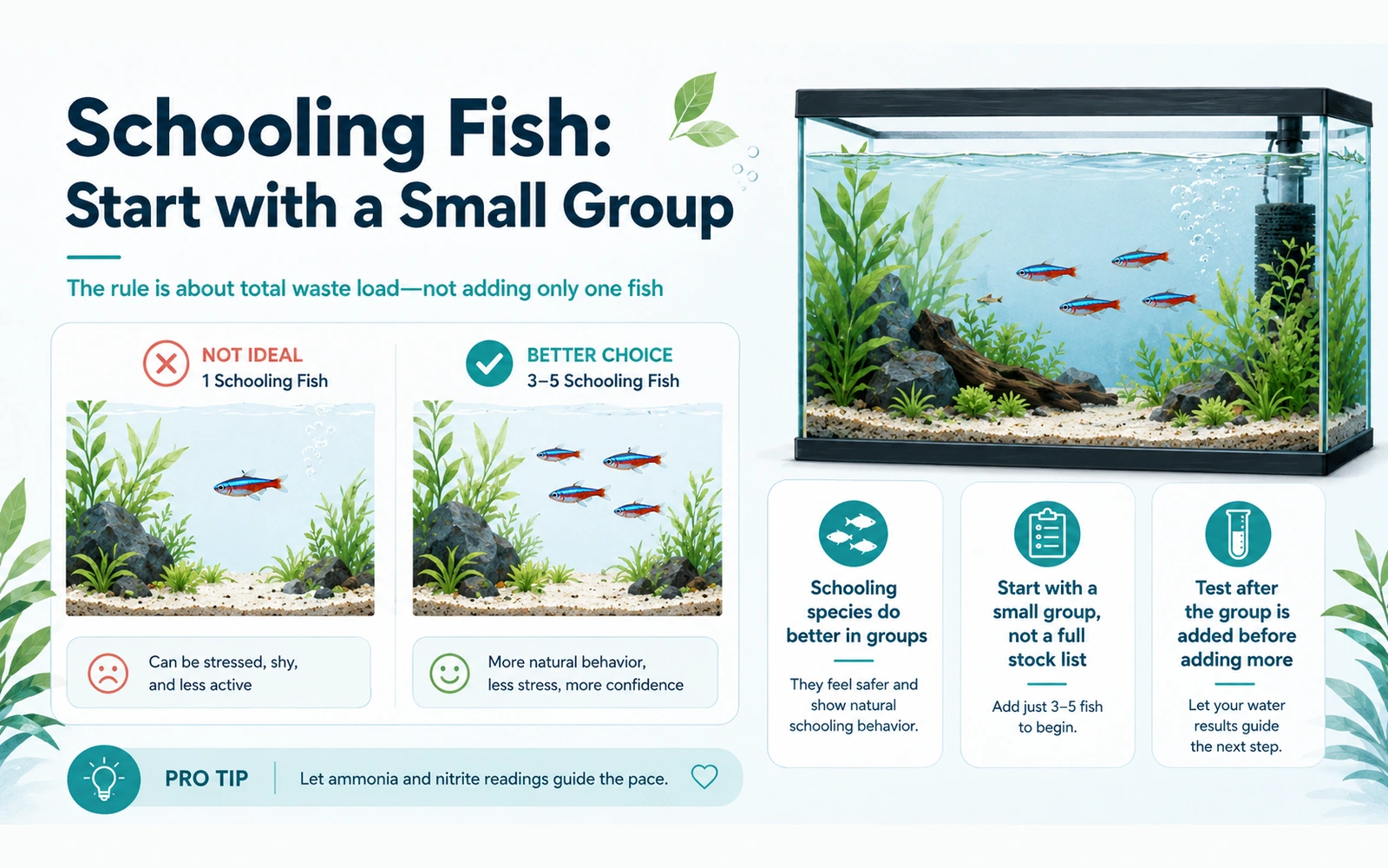 Comparison showing one schooling fish alone versus a small starting group of three to five fish in a planted aquarium