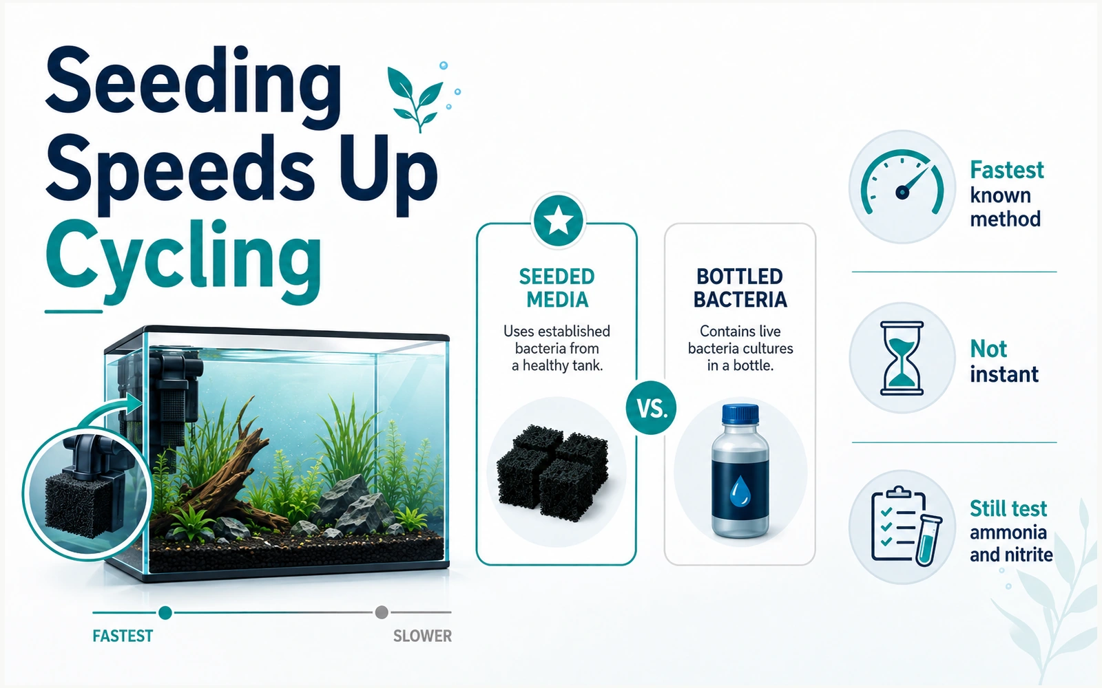 Established seeded filter media compared with bottled bacteria, with reminders that seeding is fast but still requires testing