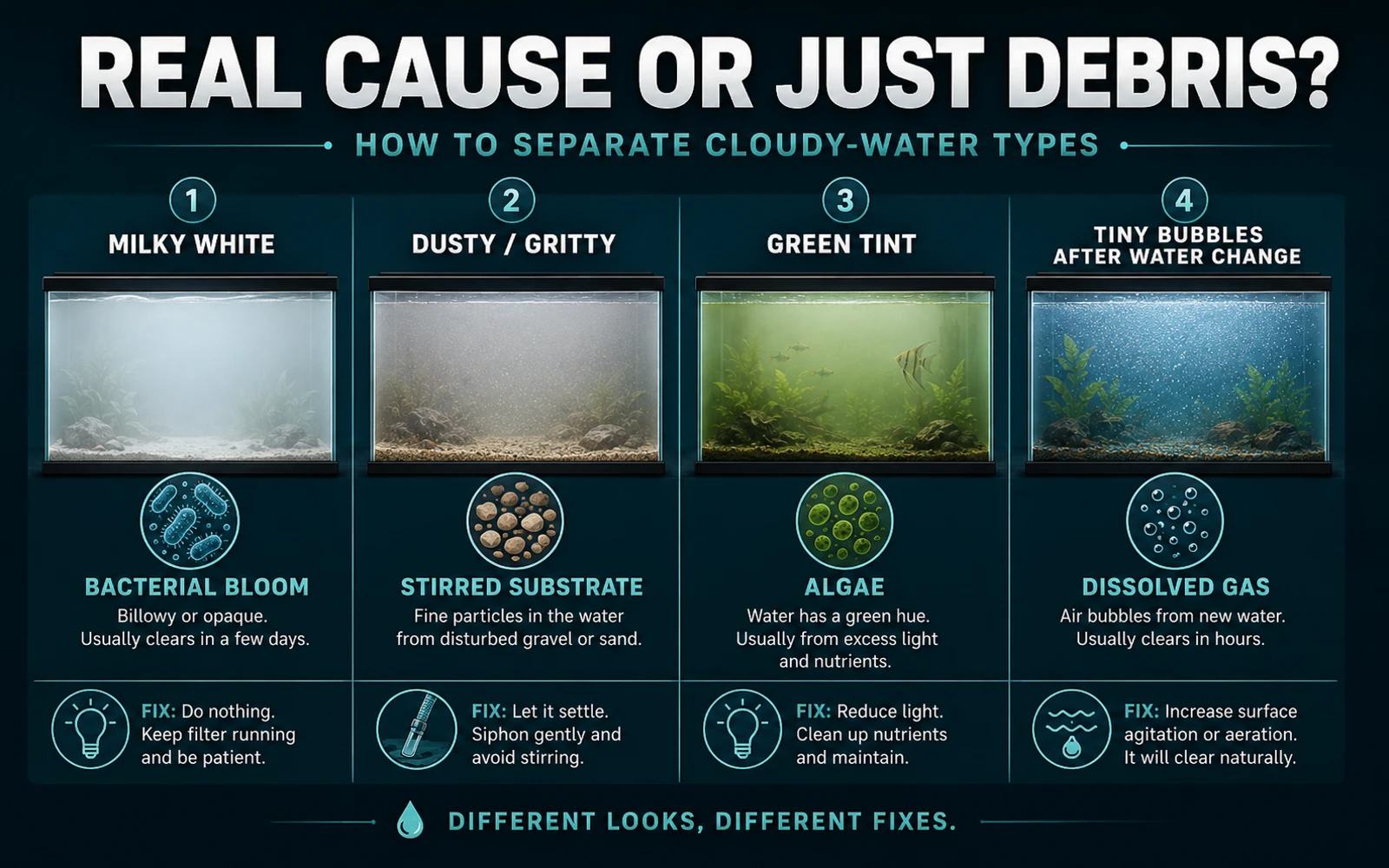 Comparison infographic separating bacterial bloom, stirred substrate, algae, and dissolved gas after a water change.