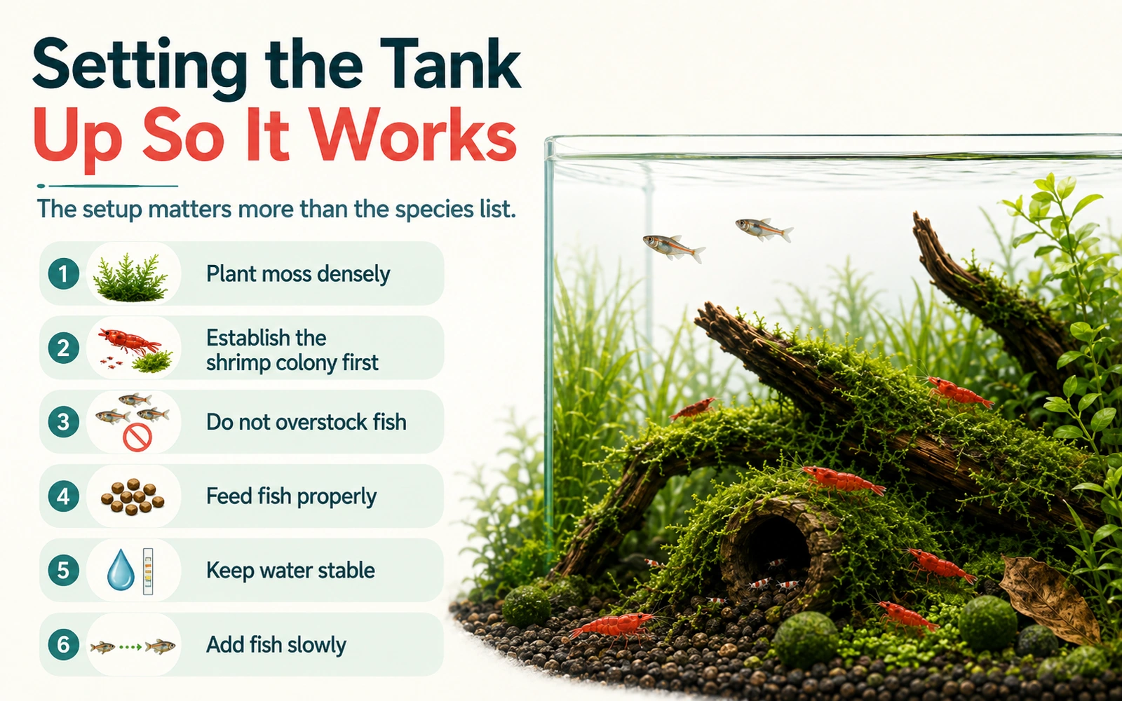 Infographic showing how to set up a mixed shrimp tank with dense moss, an established colony, careful feeding, stable water and slow fish additions.