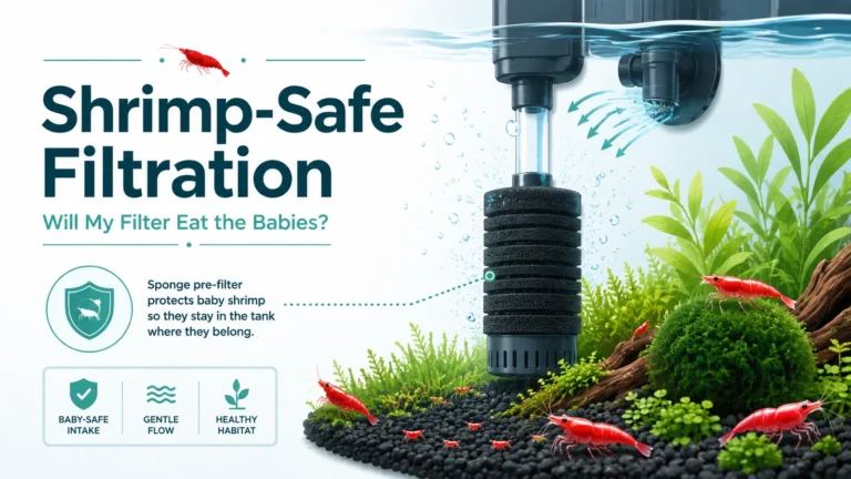 Featured minimalist aquarium infographic showing a shrimp-safe filter setup with a sponge pre-filter protecting baby shrimp.