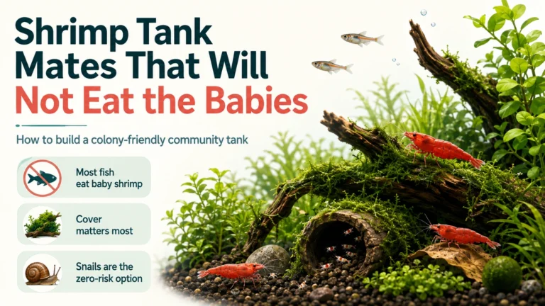 Featured infographic explaining shrimp tank mate risk with adult shrimp, baby shrimp, cover, small fish and snails.