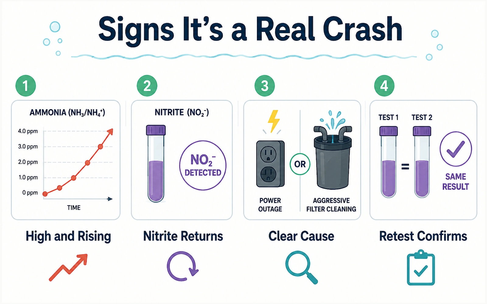 Four signs of an aquarium cycle crash including rising ammonia, returning nitrite, a clear cause, and a confirmed retest