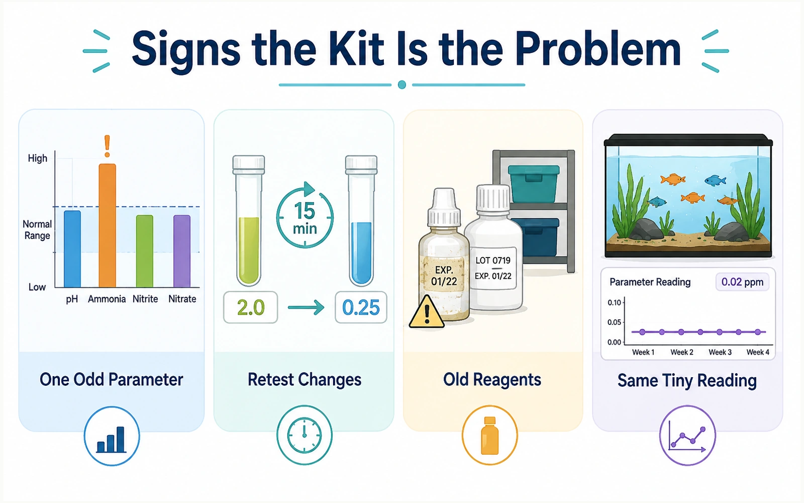 Four signs of an aquarium test-kit problem including one odd parameter, a changed retest, old reagents, and the same tiny reading for weeks