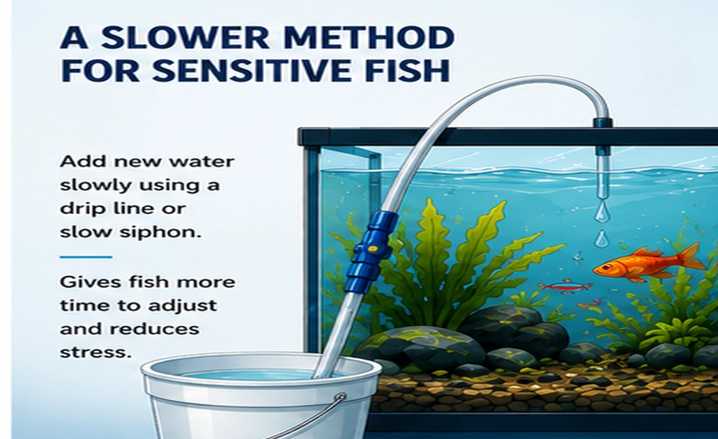 Slow siphon or drip line gradually adding replacement water to an aquarium with sensitive fish