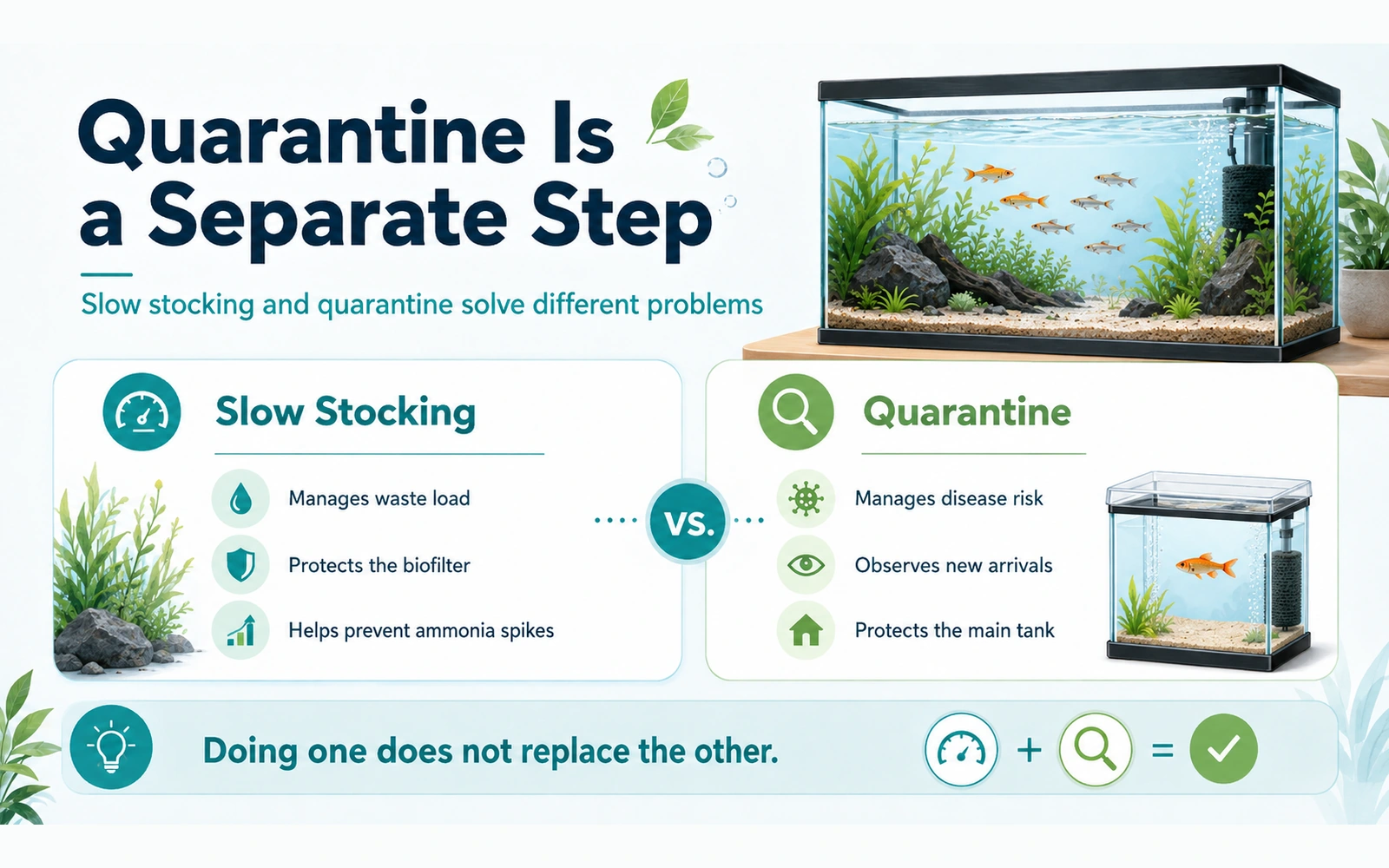 Comparison showing slow aquarium stocking managing waste load and quarantine managing disease risk