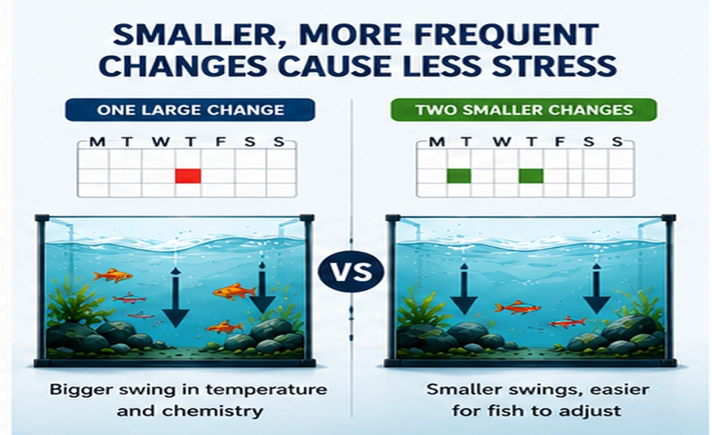 Comparison of one large aquarium water change with two smaller changes spread across the week