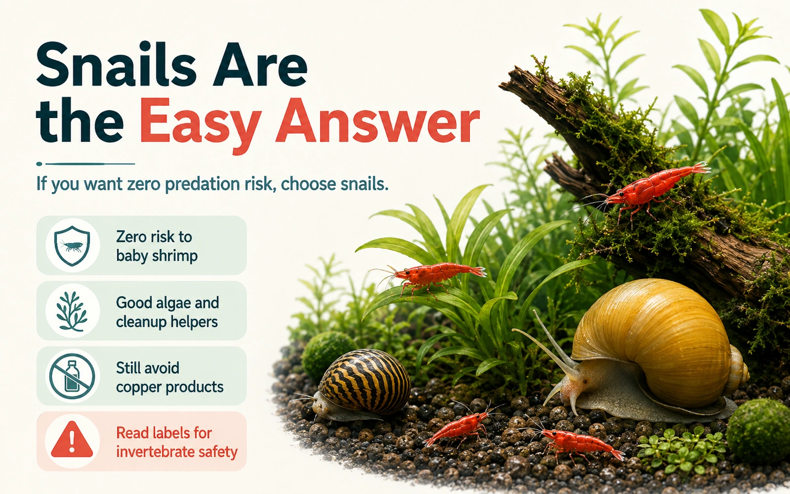 Infographic showing snails as zero-predation-risk companions for shrimp, with an invertebrate-safety reminder.