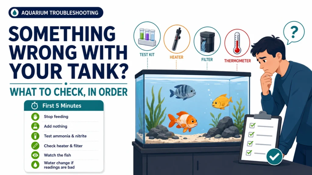 Featured minimalist aquarium troubleshooting infographic showing a fish tank and first five minutes checklist.