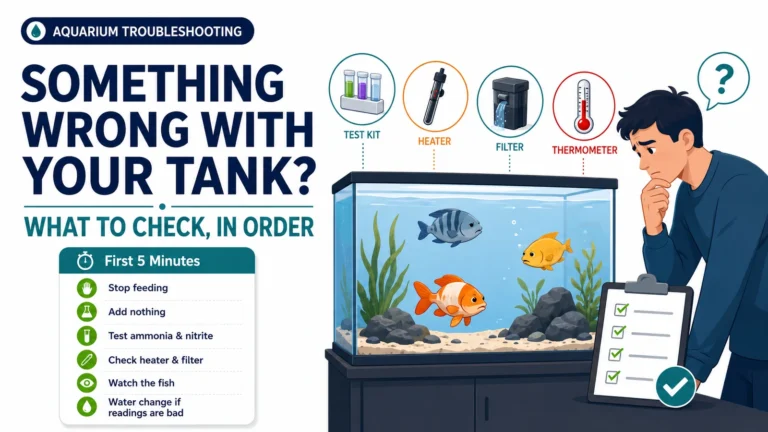 Featured minimalist aquarium troubleshooting infographic showing a fish tank and first five minutes checklist.