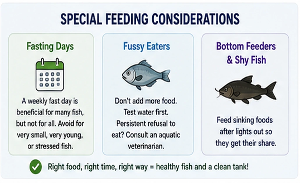 Aquarium feeding guidance for fasting days, fussy eaters, bottom feeders, and shy fish