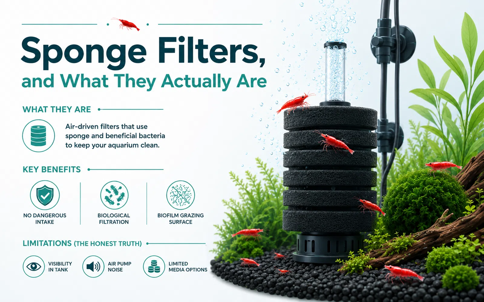 Minimalist aquarium infographic explaining what sponge filters are, their key benefits for shrimp tanks, and their honest limitations.