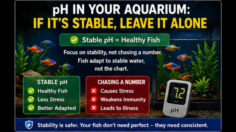 Healthy planted freshwater aquarium with pH meter and guidance that a stable pH is better than chasing a perfect number