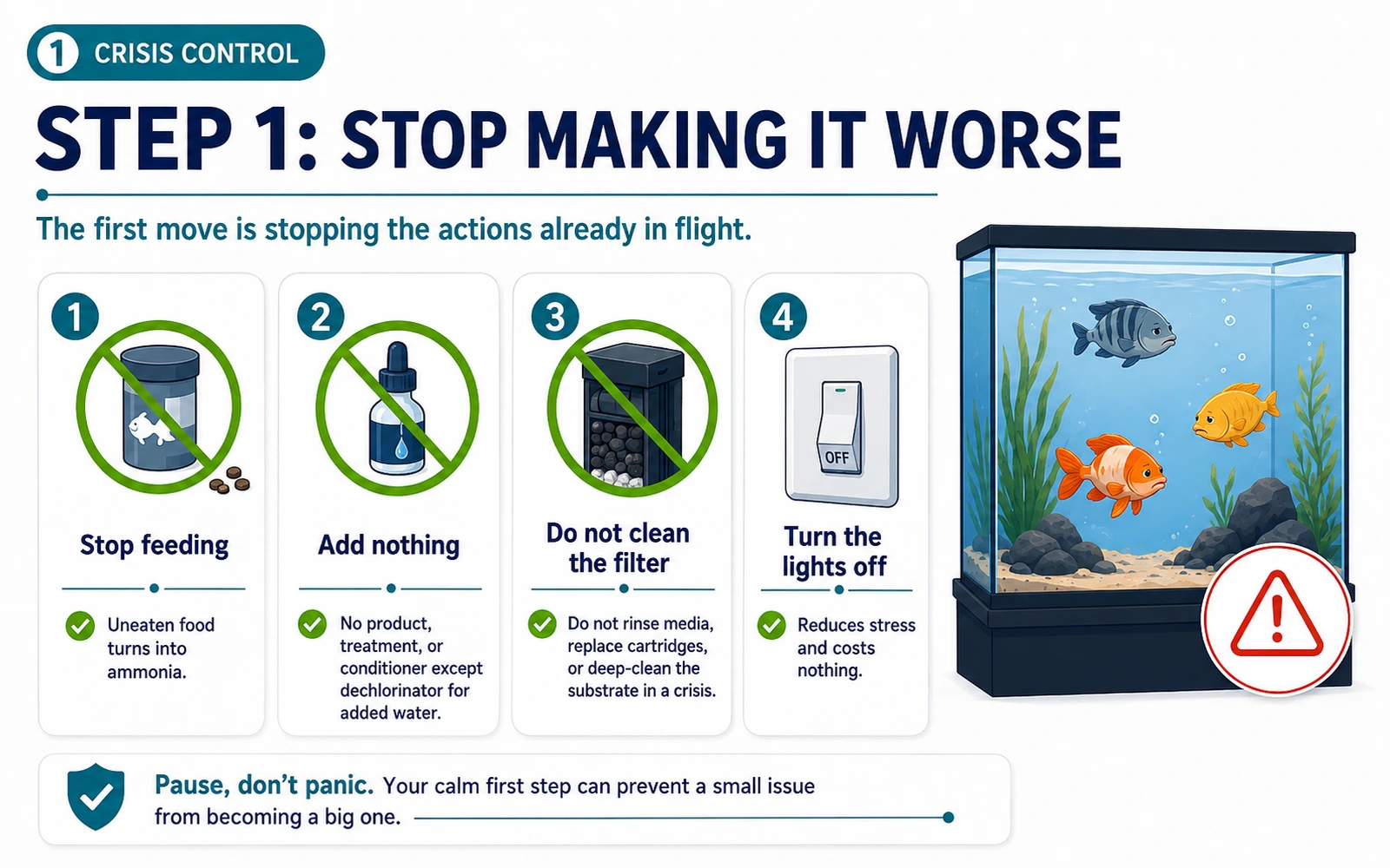 Infographic showing step 1 in aquarium troubleshooting: stop making it worse.