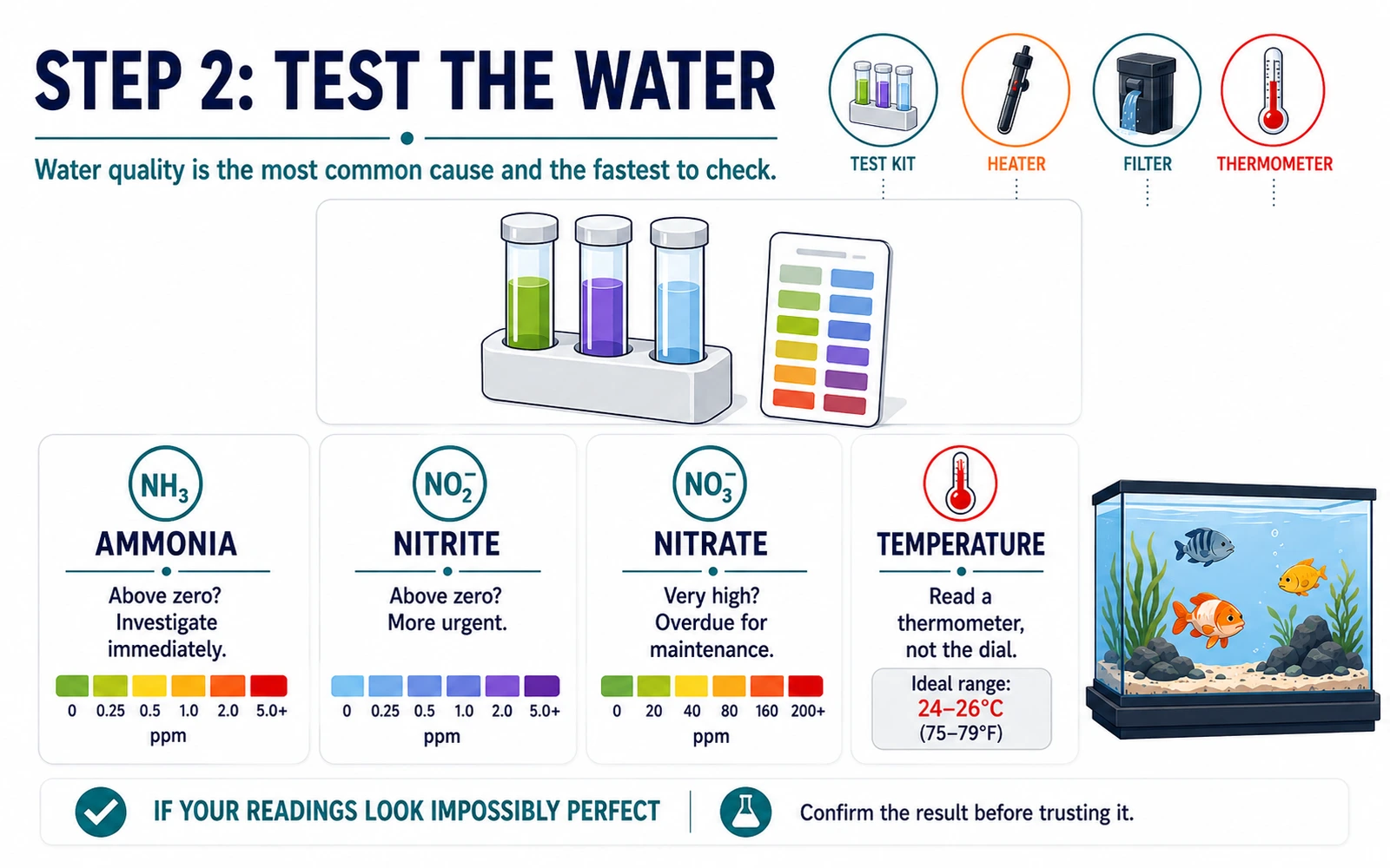 Infographic showing step 2 in aquarium troubleshooting: test the water.