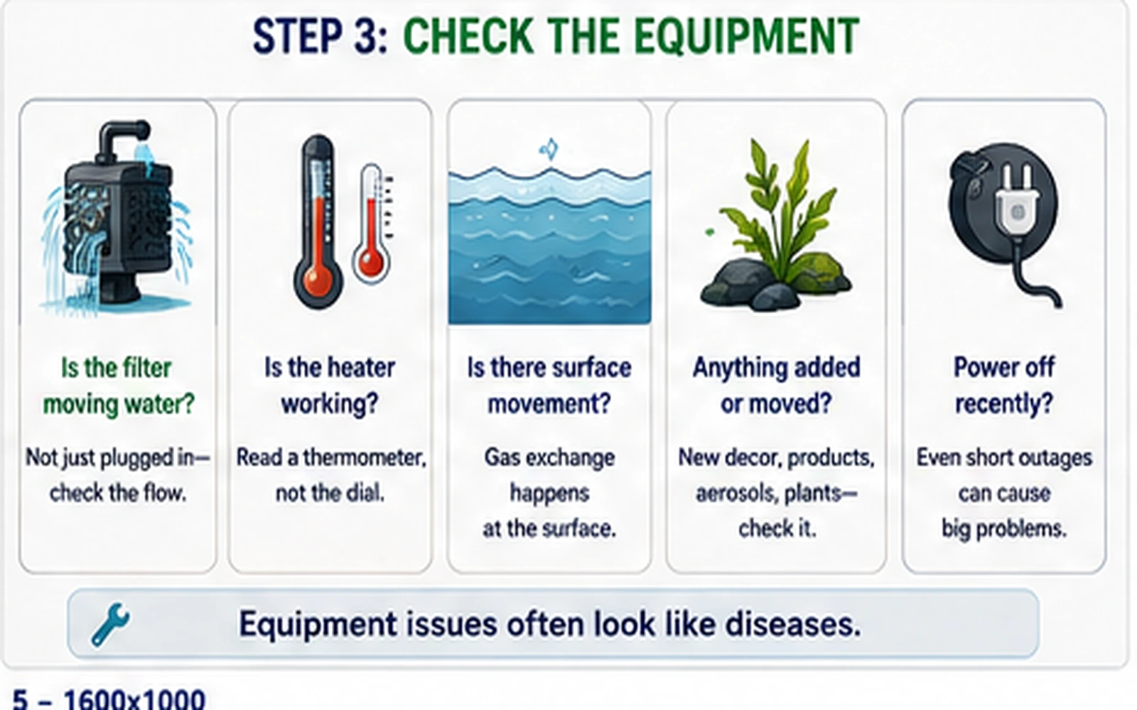 Infographic showing step 3 in aquarium troubleshooting: check the equipment.