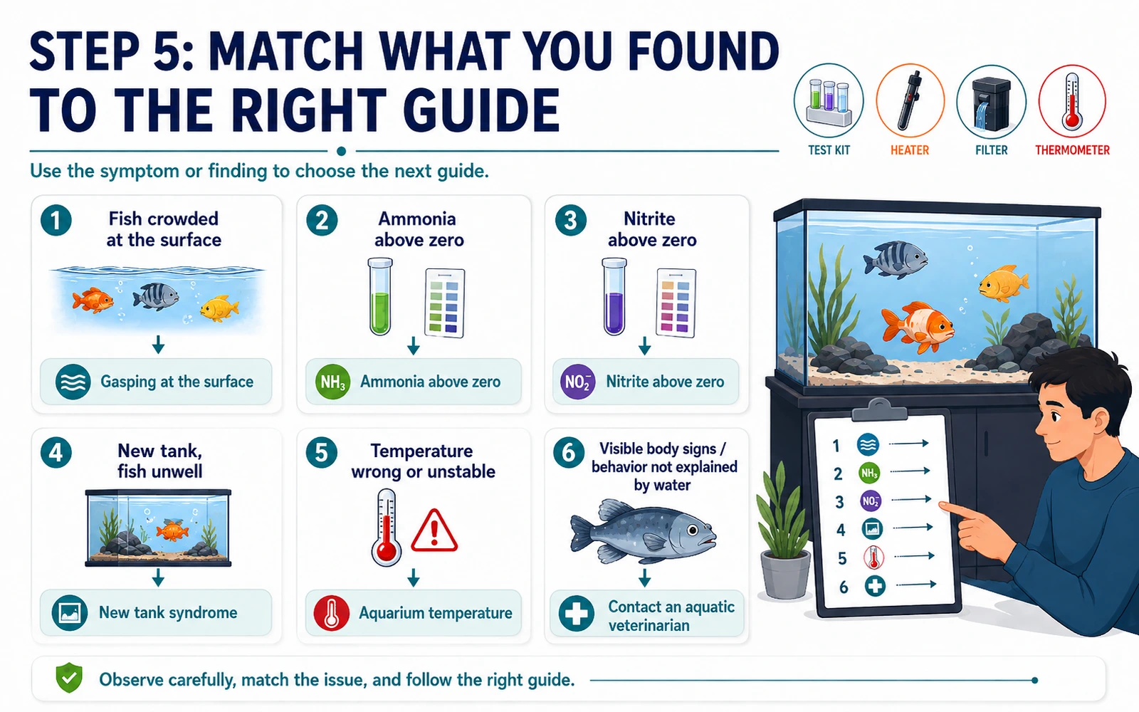 Infographic flowchart showing how to match aquarium symptoms to the right troubleshooting guide.
