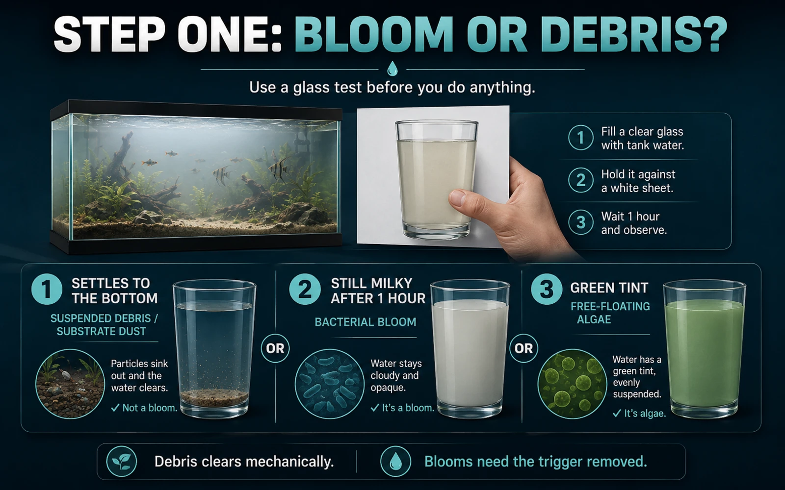 Infographic showing how to tell a bacterial bloom from debris using a glass test.