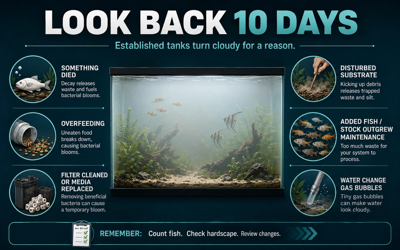 Infographic showing the key events to review from the last ten days after a mature aquarium turns cloudy.