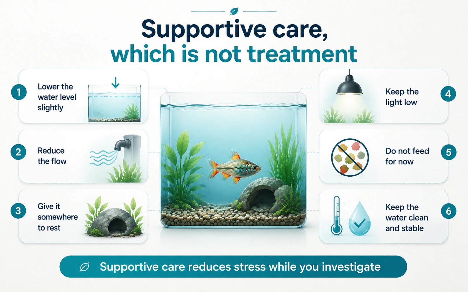 Infographic showing supportive care for a fish with buoyancy problems, including lower flow, a resting place, low light, and stable water.