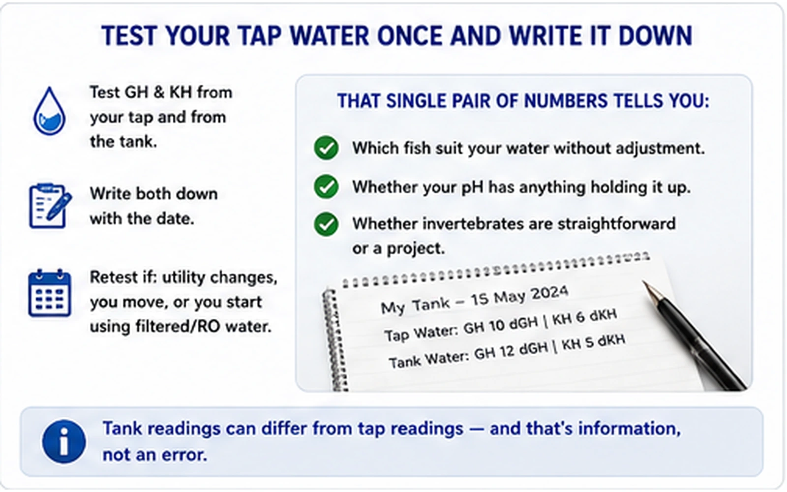 Aquarium hardness infographic showing GH and KH testing from tap water and tank water with a notebook for recording the values
