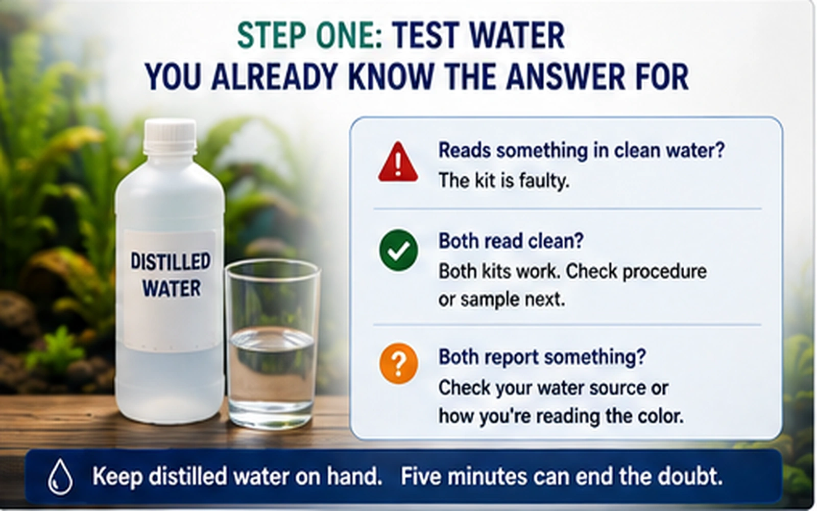 Infographic showing distilled water used to identify a faulty aquarium test kit